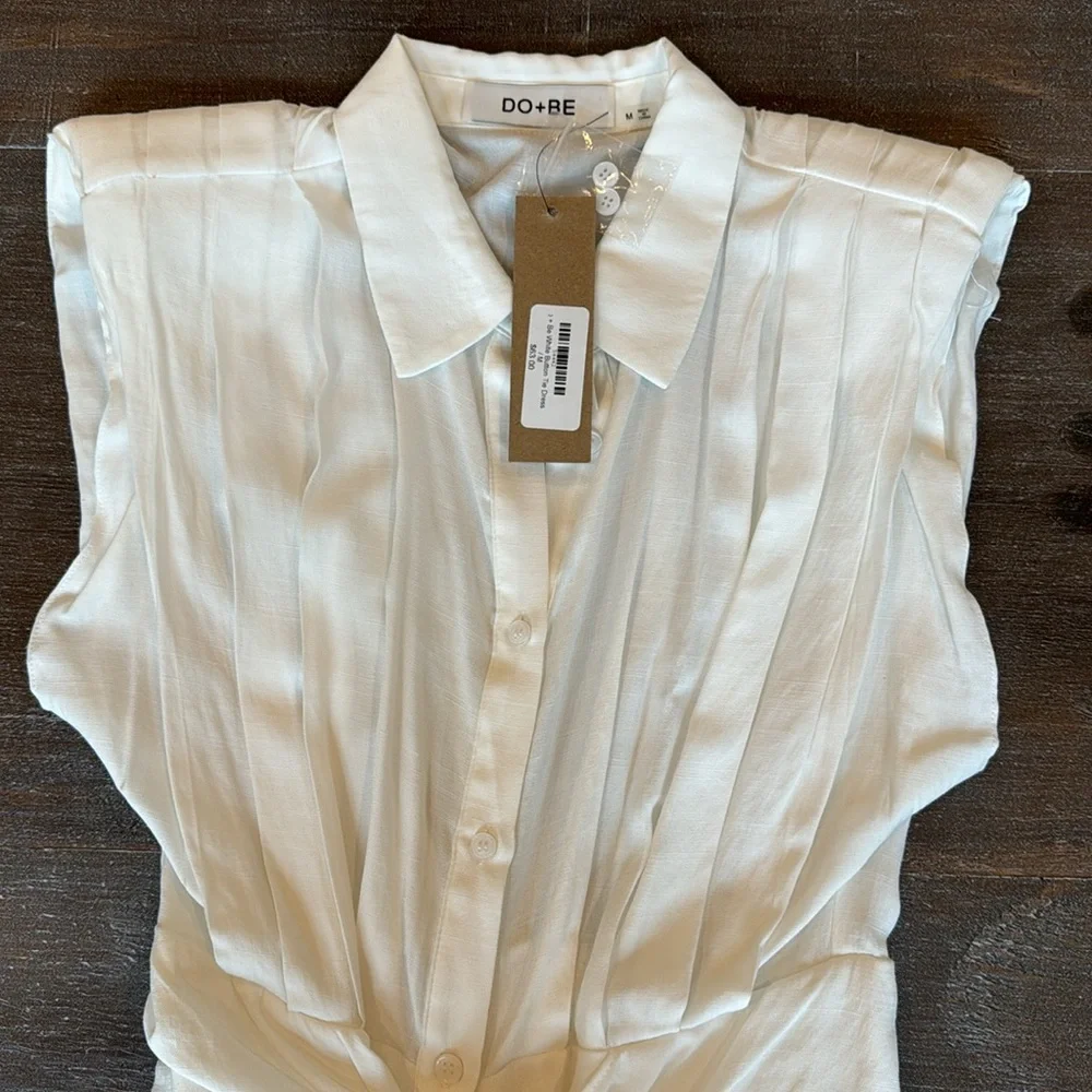 Do+Be Be White Button Front Tie Mini Dress Sleeveless Sz M Collared Flat Pleats - Picture 15 of 16